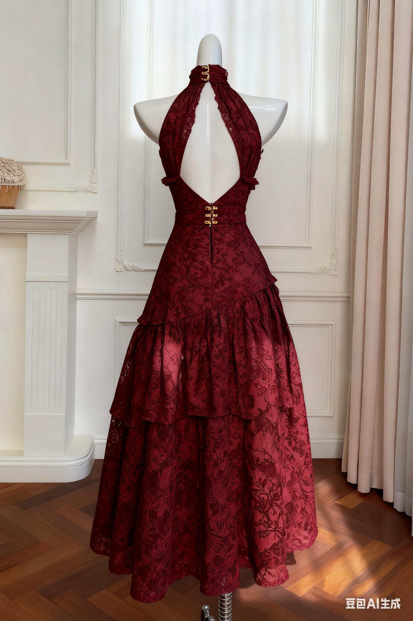 Vintage Burgundy Lace A-Line Halter Neck Midi Evening Gown TP5172
