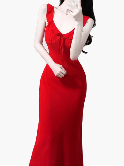 2025 Summer New Red Sexy Dress V-neck Date High-end Holiday Dress R0936