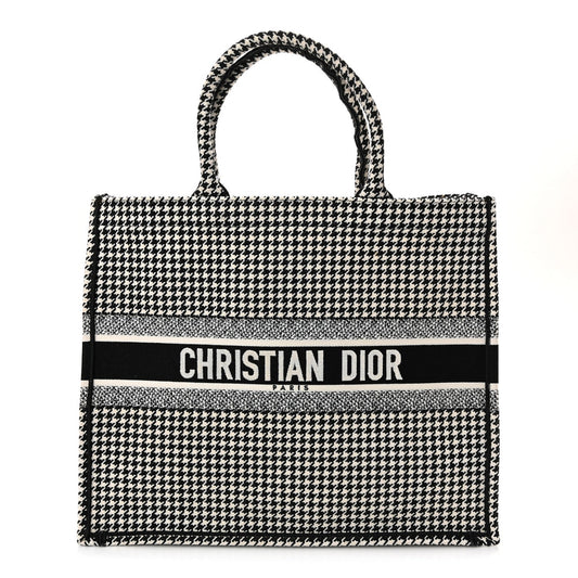 Canvas Houndstooth Embroidered Large Book Tote Black White