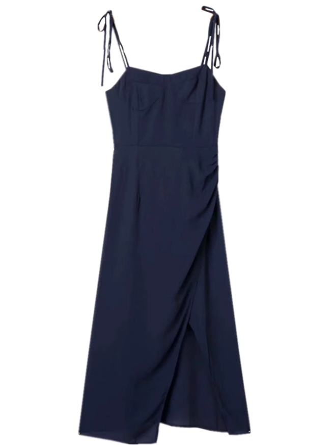 2025 Summer New French Retro Blue Waist Cross Pleated Suspender Dress R0971