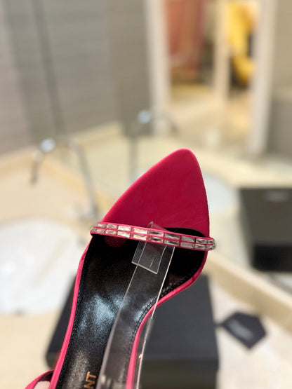 SL RHINESTONE HEELED SANDALS BRIGHT PINK SATIN