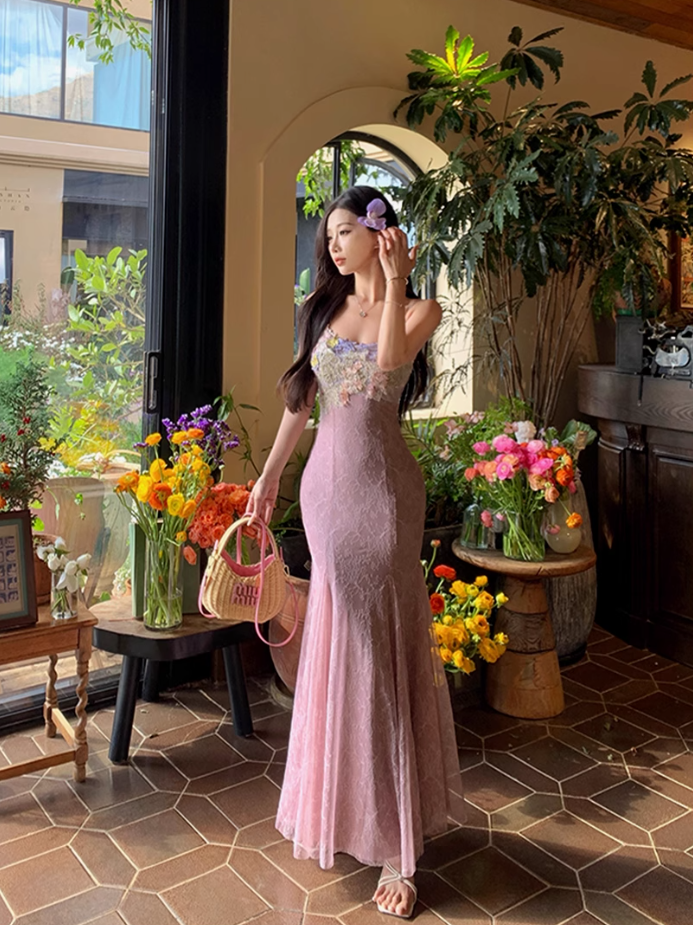 Fairy V-neck suspender dress heavy three-dimensional flower lace embroidery fishtail long skirt R1749