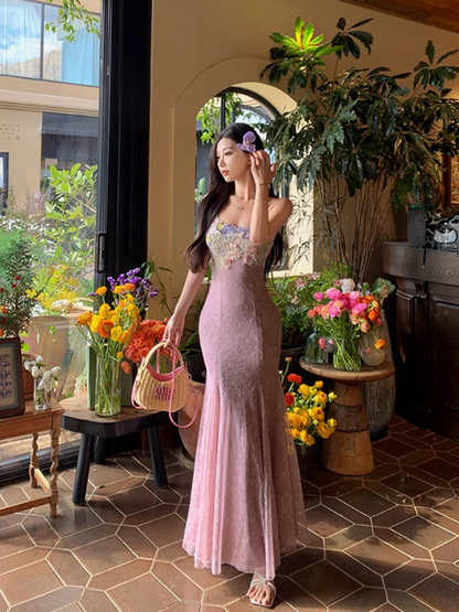 Fairy V-neck suspender dress heavy three-dimensional flower lace embroidery fishtail long skirt R1749