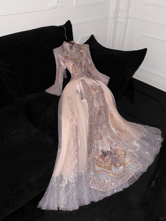 Gorgeous Sparkling Pink Beaded Sequin A-Line Romantic Chiffon Evening Dress Prom Dresses TP4156