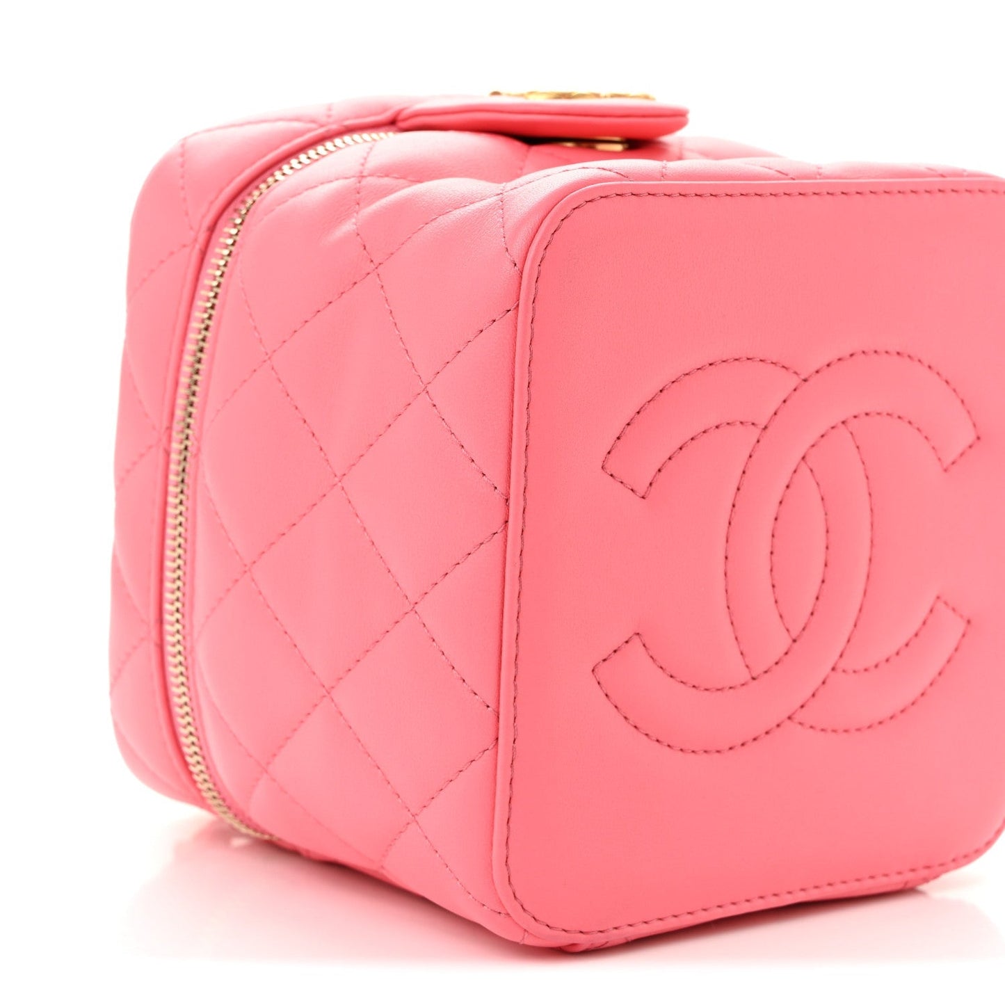 Calfskin Quilted Small Vanity Case With Chain Coral Pink