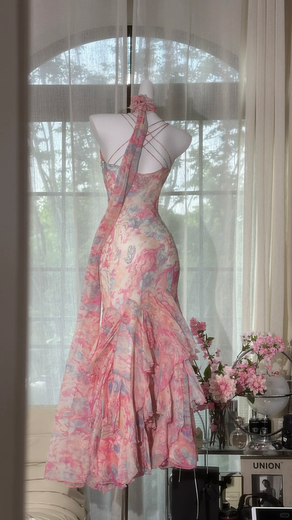 Elegant Fairy Mermaid Long Chiffon Spaghetti Strap Ball Gown Evening Dress Prom Dresses TP3966