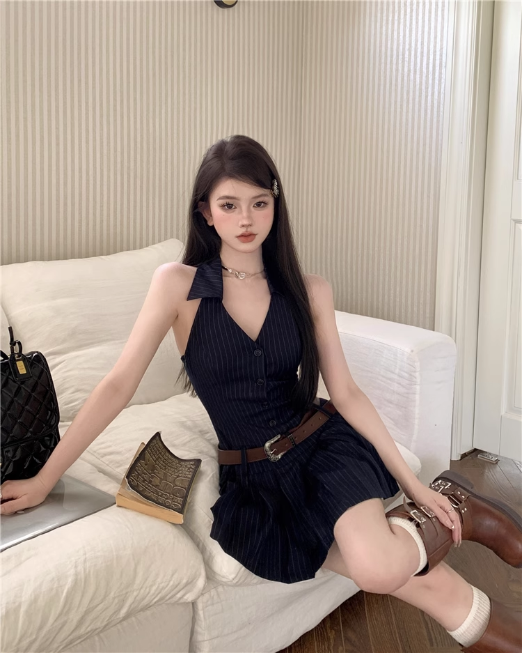 Simple Navy Blue Striped Design V-neck A-line Halter Dress TP3314