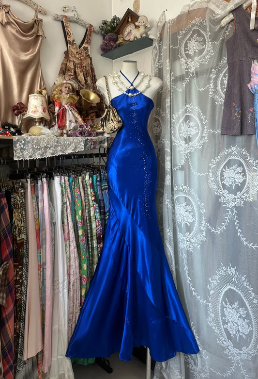 Vintage Royal Blue Satin Mermaid Halter Neck Rhinestone Evening Gown TP5354