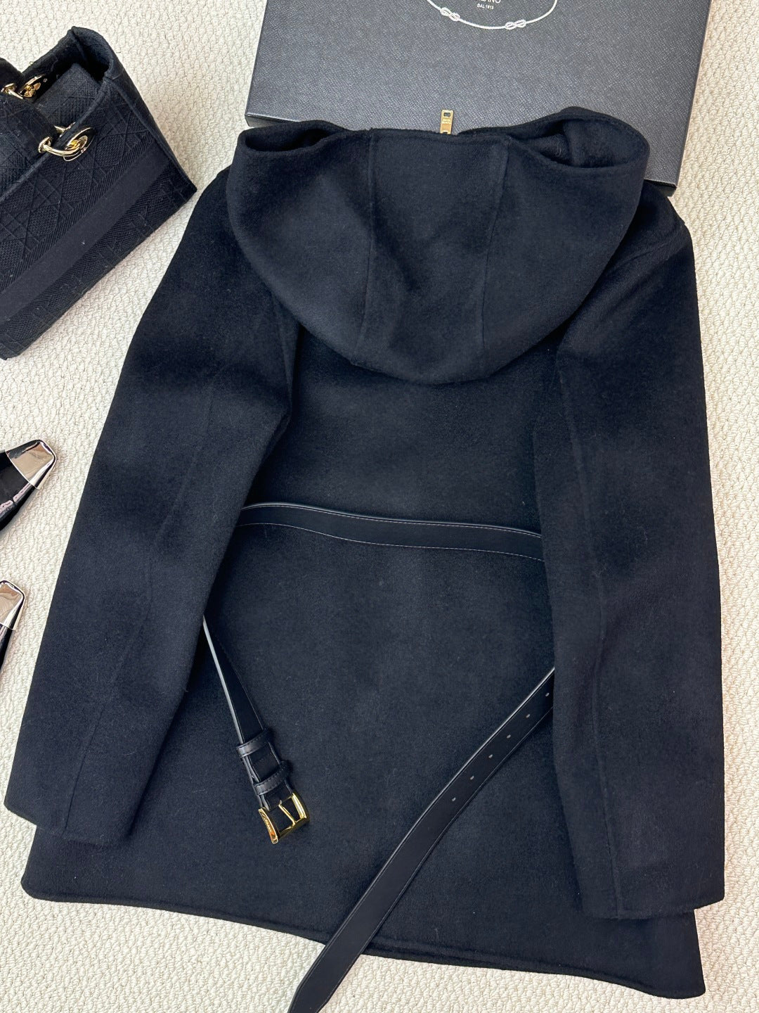 Prada 25 Mid-length Hooded Coat Black Wool 637355