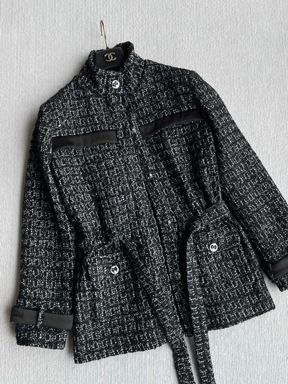 CC Belted Jacket Black White Cashmere Tweed 318587