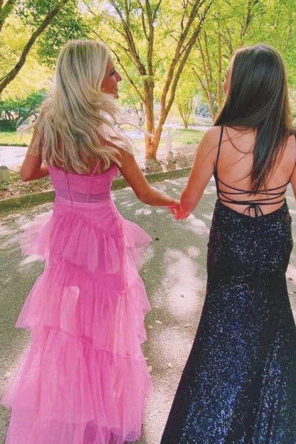 PM095,Pink Spaghetti Straps Floor Length Prom Dress With Ruffles, Tulle Formal Gown