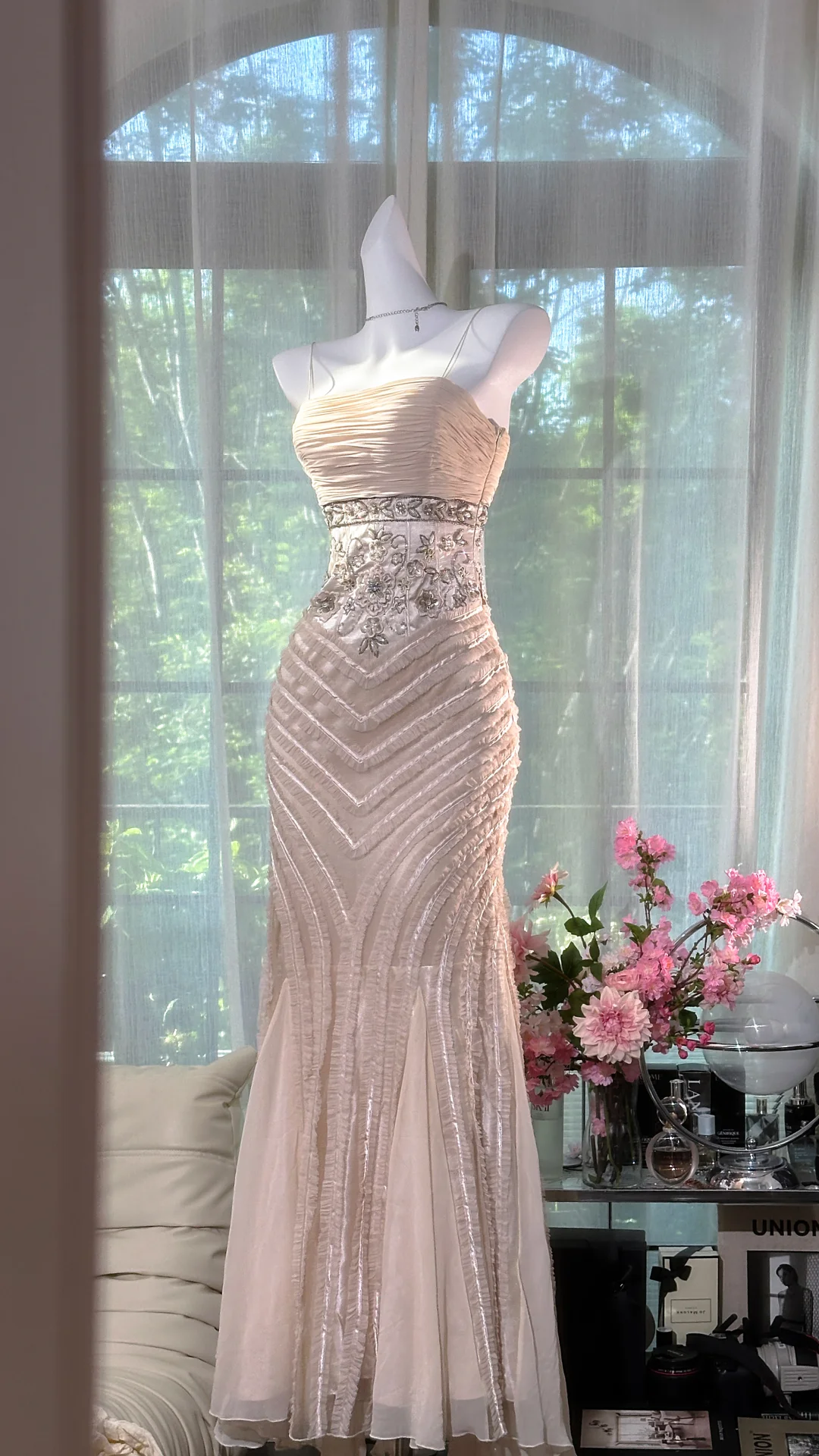 Gorgeous Pink Embroidery Spaghetti Strap Mermaid Chiffon Prom Dress Evening Dress TP4311
