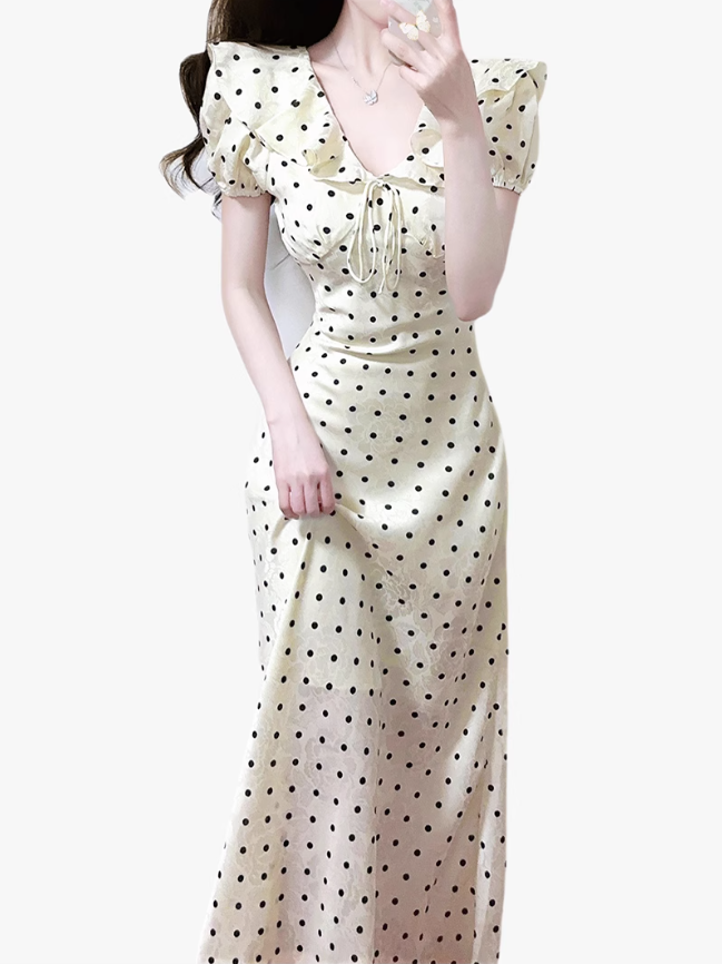 2025 Summer New French Gentle Style Polka Dot Puff Sleeves Ruffled V-Neck Dress R0912