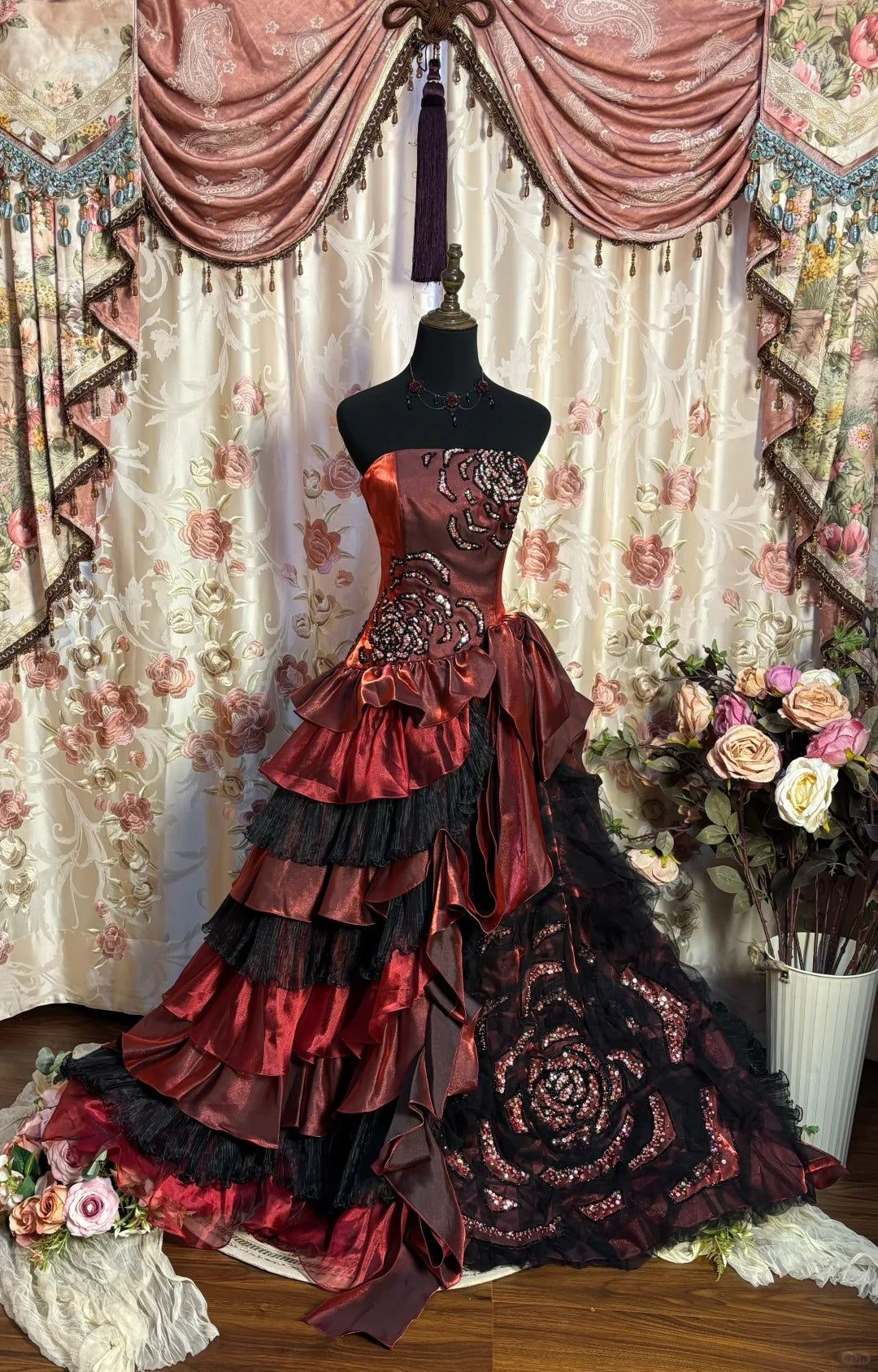 Gothic Burgundy & Black Tiered Ruffled A-Line Strapless Beaded Ball Gown TP5108