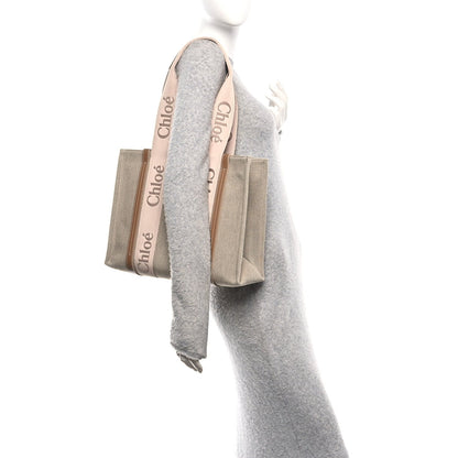 Linen Calfskin Medium Woody Ribbon Tote Blushy Beige