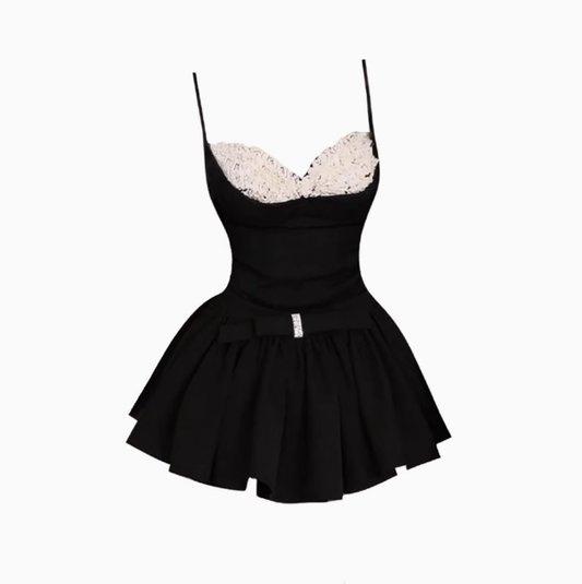 Ballet style contrast color suspender top 2025 sweet hot girl bow a-line skirt suit R1291
