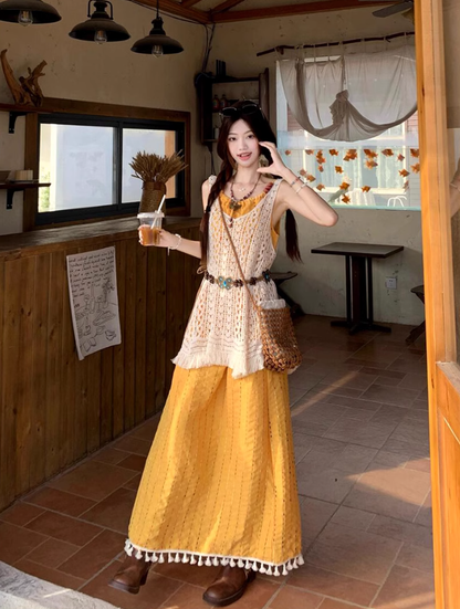 Artistic forest style layered beaded suspender long skirt travel wear dress knitted vest two-piece suit R1731