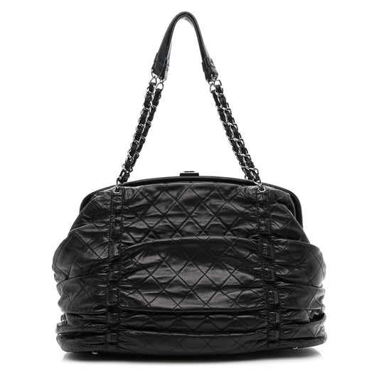 Lambskin Quilted Sharpei Frame Tote Black