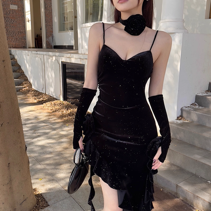 Vintage Glittering Sequin Sweetheart Spaghetti Strap Ruffled High Slit Prom Dress Evening Dress TP4350