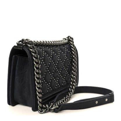 Crumpled Lambskin Medium Studded Boy Flap Navy