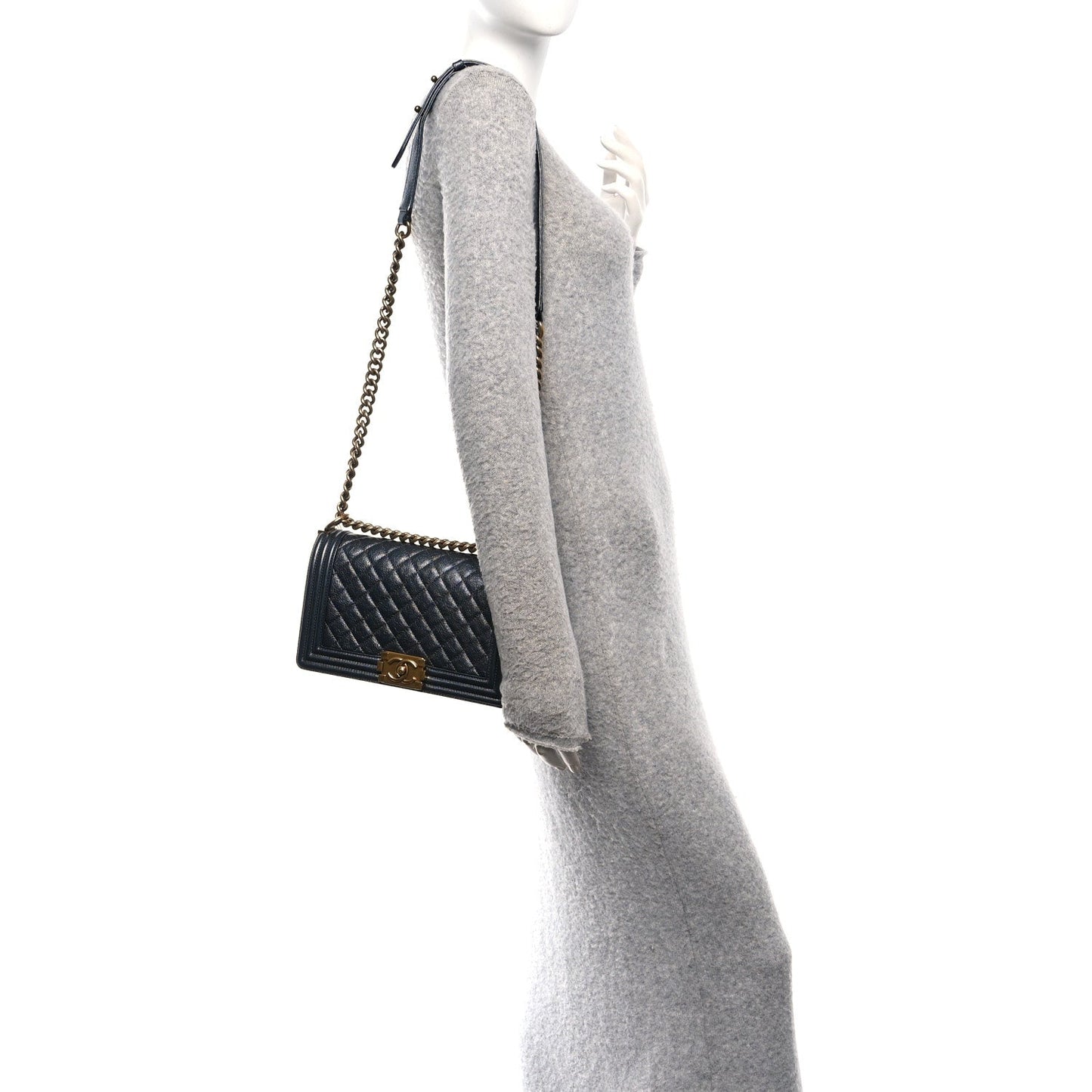 Metallic Calfskin Quilted Medium Boy Flap Grey