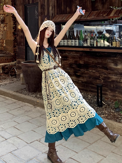 Fairy simple and elegant French blue suspender dress v-neck hollow woven knitted cardigan suit R1760