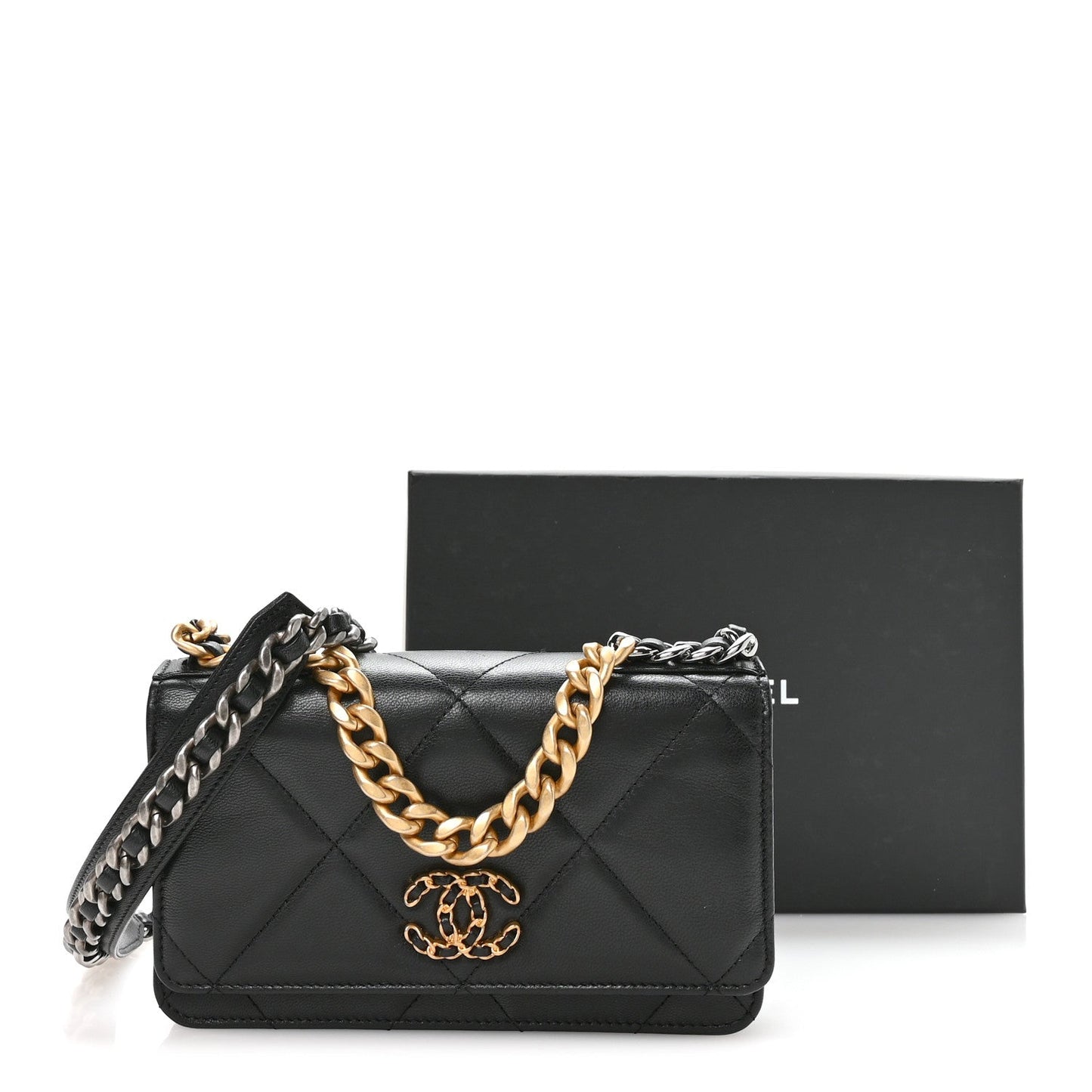 Lambskin Quilted Chanel 19 Wallet On Chain WOC Black