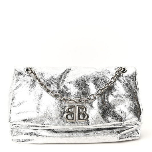 Metallized Arena Calfskin Medium Monaco Chain Shoulder Bag Silver