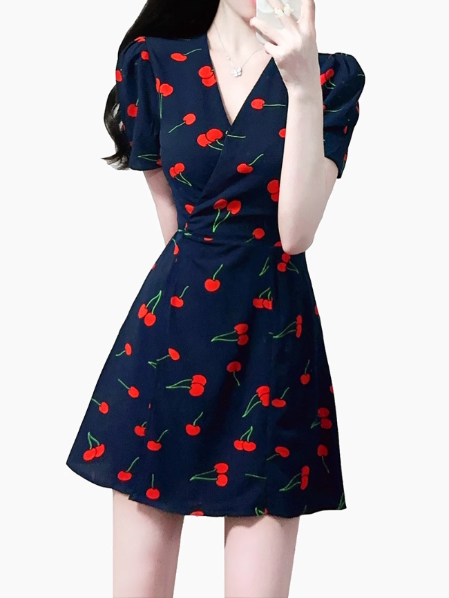 2025 Summer New French Retro V-neck Black Cherry Floral Wrap Dress R0939