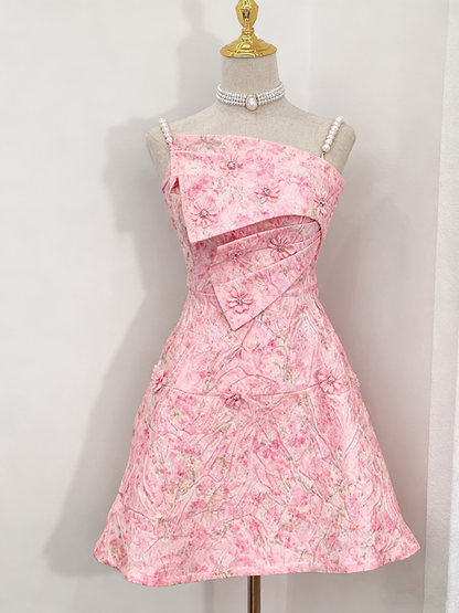 White pearl suspenders irregular neckline pattern design slim A-line homecoming dress R2548