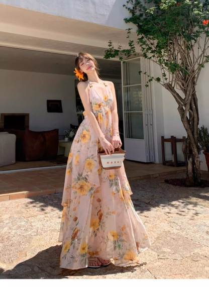 New Fashion Floral V-neck Design Elegant Beach Holiday A-line Sleeveless Halter Dress Summer DressTP4257