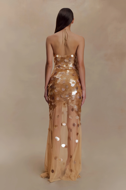 Elegant Golden Sparkling Sequin Sheath Evening Gown Halter-neck Party Dress Tulle Long Formal Dress TP4924