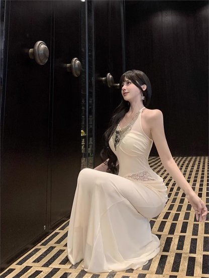 Elegant Beading Design Beige A-Line Long Banquet Halter Dress TP3155