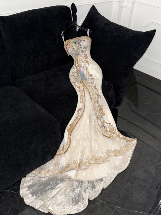 Sparkling Beige Beaded Sequined Design Elegant Mermaid Prom Dress Evening Dress TP4212
