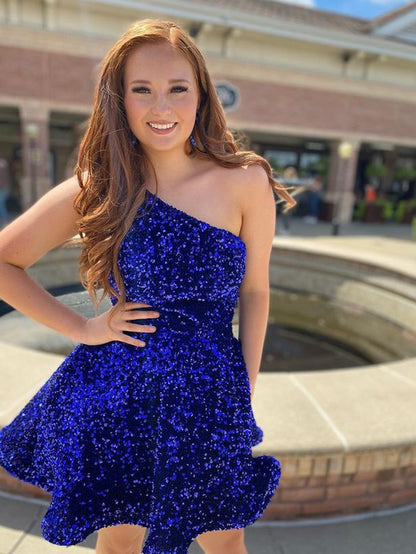 A-Line One Shoulder Royal Blue Short Homecoming Dress Graduation