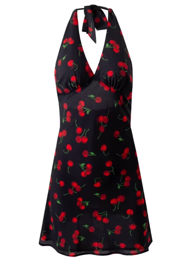 2025 Summer New Halter Backless Black Cherry V-Neck Retro Short Dress R0942