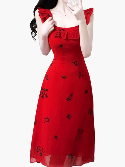 2025 Summer New Red Floral Pleated V-Neck Sleeveless Long Holiday Dress R0955