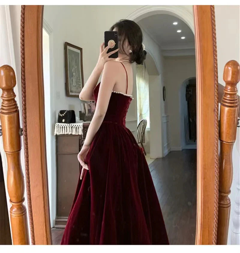 Spaghetti Straps Burgundy Velvet Prom Dress Simple Wedding Party Dress Long