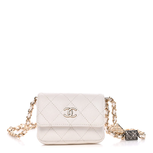 Caviar Quilted Belt Bag With Charms On Chain White