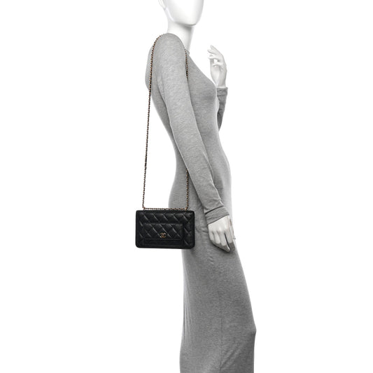 Caviar Quilted Pocket Clutch With Chain WOC Black