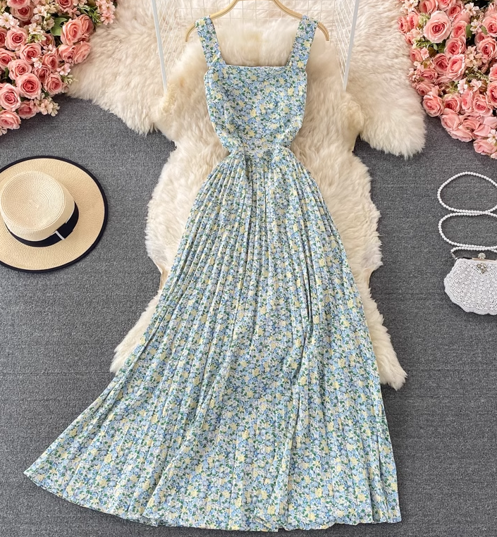 2025 new French floral dress sweet fairy suspender long skirt holiday knee-length pleated dress R0376