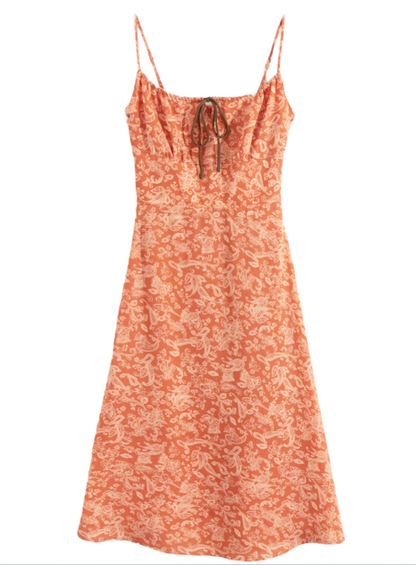 2025 Summer New Retro Cashew Printed Backless French Long Suspender Dress R0967