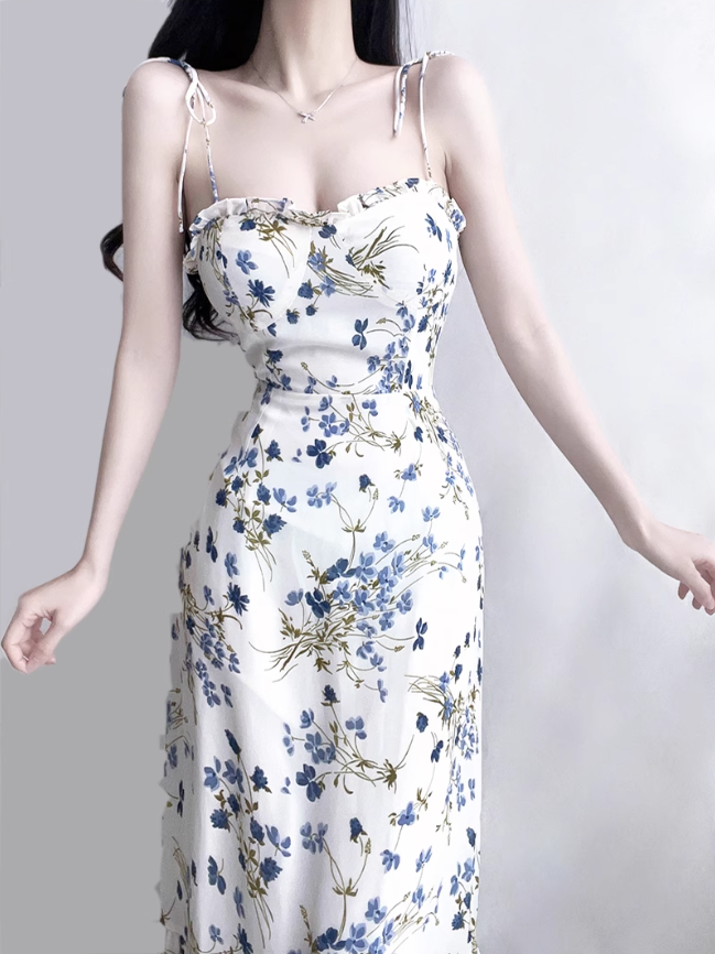 2025 Summer New French Blue Floral Holiday Style Mid-Length Suspender Dress R0923