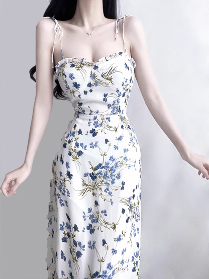 2025 Summer New French Blue Floral Holiday Style Mid-Length Suspender Dress R0923