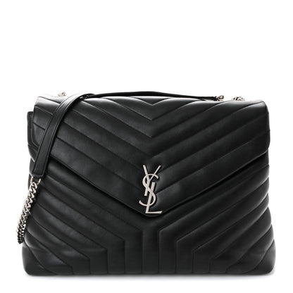 Calfskin Y Quilted Monogram Large Loulou Chain Satchel Black