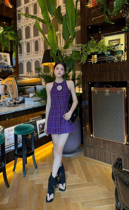 Purple round neck sleeveless waist slim A-line short skirt homecoming dress R3884