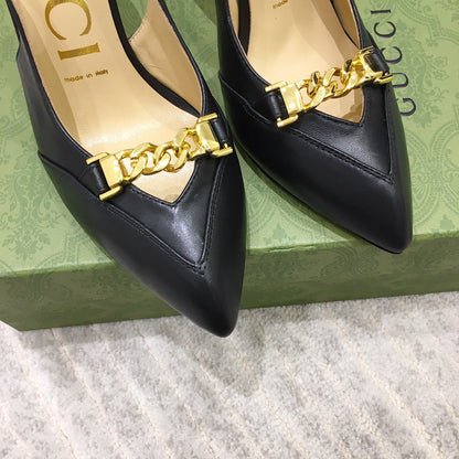 GG HIGH HEEL SLINGBACK BLACK CALFSKIN WITH CHAIN