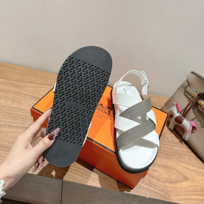 HM 25 Heracles Sandal White Calfskin Grey Canvas