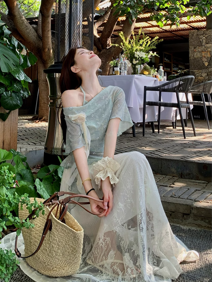 Fairy fake two-piece irregular halter neck short-sleeved T-shirt complete skirt suit R1757