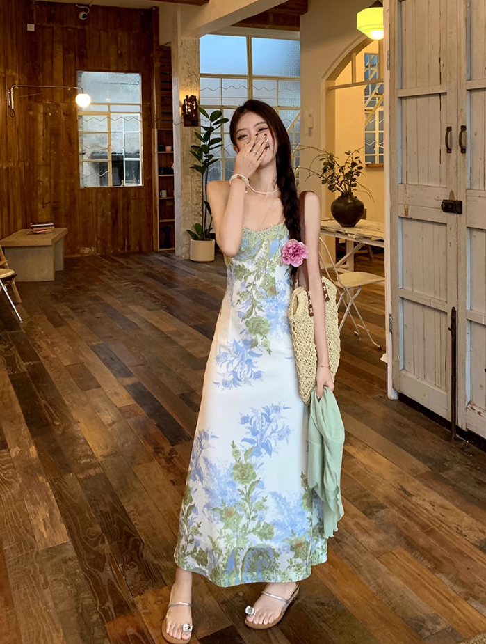 Fairy New Chinese Retro Jacquard Suspender Skirt Flower Long Skirt Tea Break Dress R1759